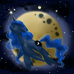 Size: 1000x1000 | Tagged: safe, artist:mimkage, princess luna, alicorn, pony, eyes closed, flying, magic, moon, solo, space