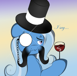 Size: 1238x1216 | Tagged: safe, artist:v-d-k, derpibooru import, trixie, magic duel, hat, monocle, moustache, top hat, wine