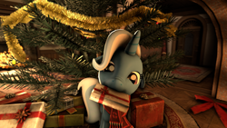 Size: 1920x1080 | Tagged: safe, artist:thesokol, derpibooru import, trixie, pony, unicorn, 3d, christmas tree, cute, diatrixes, female, looking at you, mare, mouth hold, nose wrinkle, present, scrunchy face, solo, source filmmaker, tree