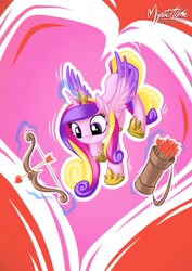 Size: 724x1023 | Tagged: safe, artist:mysticalpha, princess cadance, alicorn, pony, arrow, arrows, bow (weapon), bow and arrow, cupid, hearts and hooves day, magic, princess of love, quiver, solo, valentine's day