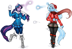 Size: 1086x745 | Tagged: safe, artist:niisbbb, derpibooru import, trixie, twilight sparkle, anthro, unguligrade anthro, clothes, hoof boots, snow, snowball fight