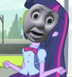 Size: 567x600 | Tagged: safe, edit, edited screencap, screencap, twilight sparkle, equestria girls, equestria girls (movie), cropped, exploitable meme, keeperofporridge, lol, o-face, solo, thomas the tank engine, train, twiscream, wat, wtf