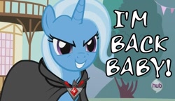 Size: 927x534 | Tagged: safe, derpibooru import, trixie, magic duel, caption, cloak, clothes, futurama, image macro, meme, trixie yells at everything