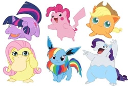 Size: 780x524 | Tagged: safe, derpibooru import, applejack, fluttershy, pinkie pie, rainbow dash, rarity, twilight sparkle, jigglypuff, pikachu, unicorn, barely pony related, crossover, drowzee, eevee, flutterduck, mane six, pinkachu, pokefied, pokémon, ponymon, psyduck, slowpoke, slowpoke (pokémon)