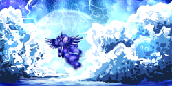 Size: 2000x1000 | Tagged: safe, artist:daughter-of-war, princess luna, alicorn, pony, flying, lightning, solo