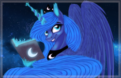 Size: 1414x912 | Tagged: dead source, safe, artist:sevenada, princess luna, alicorn, pony, book, magic, portrait, solo, telekinesis, three quarter view