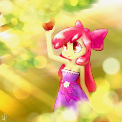 Size: 500x500 | Tagged: safe, artist:ifthemainecoon, apple bloom, equestria girls, adorabloom, apple, applebetes, armpits, breasts, cleavage, clothes, cute, dress, fall formal outfits, humanized, strapless, strapless dress, sweet dreams fuel