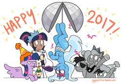 Size: 1200x832 | Tagged: safe, artist:egophiliac, derpibooru import, princess luna, trixie, twilight sparkle, twilight sparkle (alicorn), oc, oc:frolicsome meadowlark, oc:sunshine smiles (egophiliac), alicorn, bat pony, human, pony, unicorn, 2017, cartographer's super duper fancy crown of specialness, champagne, cider, clothes, filly, human ponidox, humanized, inconvenient trixie, lab coat, moonstuck, new years eve, self ponidox, simple background, steamquestria, twilight is not amused, white background, woona, woonoggles, younger