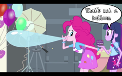 Size: 1280x800 | Tagged: safe, edit, edited screencap, screencap, pinkie pie, twilight sparkle, equestria girls, equestria girls (movie), balloon, blowing up balloons, condom, duo, speech bubble, trojan