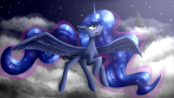 Size: 1920x1080 | Tagged: safe, artist:crestfallencelestia, princess luna, alicorn, pony, cloud, cloudy, open mouth, raised hoof, solo