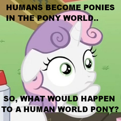 Size: 500x500 | Tagged: safe, edit, edited screencap, screencap, sweetie belle, pony, unicorn, equestria girls, ponyville confidential, cropped, female, filly, horn, image macro, meta, solo, sudden clarity sweetie belle, text, two toned mane, white coat, wide eyes