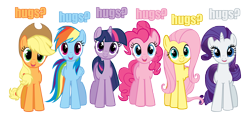 Size: 6000x3000 | Tagged: safe, artist:kittyhawk-contrail, derpibooru import, applejack, fluttershy, pinkie pie, rainbow dash, rarity, twilight sparkle, earth pony, pegasus, pony, unicorn, absurd resolution, blue text, bronybait, caption, cute, hug, hug request, hugpony poses, image macro, mane six, meme origin, pink text, purple text, simple background, transparent background, vector, yellow text