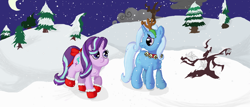 Size: 2500x1071 | Tagged: safe, artist:swasfews, derpibooru import, starlight glimmer, trixie, pony, unicorn, antlers, bells, boots, bow, christmas, female, jingle bells, mare, reindeer antlers, snow, tail bow