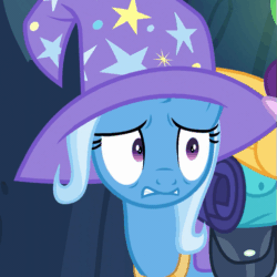 Size: 507x508 | Tagged: safe, derpibooru import, screencap, starlight glimmer, trixie, pony, to where and back again, animated, bag, gif, scared, solo focus, trixie's hat