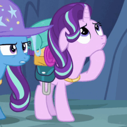 Size: 504x504 | Tagged: safe, derpibooru import, edit, edited screencap, screencap, starlight glimmer, trixie, pony, unicorn, to where and back again, animated, bag, cropped, female, floppy ears, gif, looking up, mare, solo focus, thinking, trixie's hat, worried