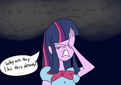 Size: 1280x896 | Tagged: safe, artist:mofetafrombrooklyn, twilight sparkle, equestria girls, equestria girls drama, eyes closed, facepalm, solo, upset