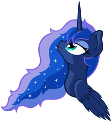 Size: 3000x3303 | Tagged: safe, artist:scourge707, princess luna, alicorn, pony, bust, female, lidded eyes, looking up, mare, messy mane, missing accessory, simple background, smiling, solo, transparent background