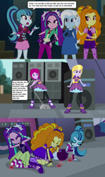 Size: 1278x2140 | Tagged: safe, artist:themexicanpunisher, derpibooru import, adagio dazzle, aria blaze, fuchsia blush, lavender lace, sonata dusk, trixie, equestria girls, rainbow rocks, comic, female, screencap comic, sleeveless, speaker, speech bubble, the dazzlings, trixie and the illusions