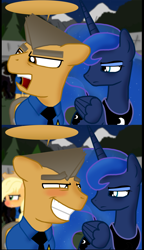 Size: 1576x2736 | Tagged: safe, artist:ajmstudios, princess luna, oc, oc:sergeant brass, alicorn, pony, ain't having it, blank, blank comic, blushing, comic, fill in the blanks, humor, scootaloo's scootaquest, unamused