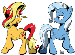 Size: 1024x745 | Tagged: safe, artist:doppiad-doubled, derpibooru import, sunset shimmer, trixie, pony, unicorn, angry, female, i can't believe it's not idw, mare, rivals, sassy, simple background, style emulation, tongue out, transparent background, vector