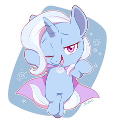 Size: 830x891 | Tagged: safe, artist:sion, derpibooru import, trixie, pony, bipedal, cape, chibi, clothes, lidded eyes, looking at you, one eye closed, open mouth, smiling, solo, sparkles, stars, swirls, trixie's cape, wink