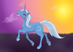 Size: 800x566 | Tagged: safe, artist:fia94, derpibooru import, trixie, pony, unicorn, cloud, female, hoers, mare, solo, sun, sunset, trotting