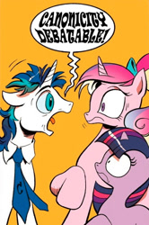 Size: 365x549 | Tagged: safe, idw, princess cadance, shining armor, twilight sparkle, alicorn, pony, unicorn, spoiler:comic, canon, exploitable meme, meme, meta, screaming armor, younger