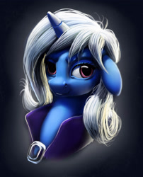 Size: 3071x3800 | Tagged: safe, artist:sceathlet, derpibooru import, trixie, pony, unicorn, bust, clothes, face, female, floppy ears, mare, portrait, smiling, solo, trixie's cape