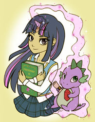 Size: 600x771 | Tagged: safe, artist:christinies, derpibooru import, spike, twilight sparkle, clothes, horned humanization, humanized, magic, skirt