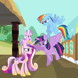 Size: 1250x1250 | Tagged: safe, diamond tiara, princess cadance, rainbow dash, twilight sparkle, twilight sparkle (alicorn), alicorn, pegasus, pony, cadance loves tiaras, female, mare, train station, vector