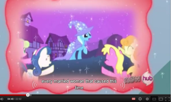 Size: 775x464 | Tagged: safe, derpibooru import, screencap, bon bon, sweetie drops, trixie, magic duel, youtube caption