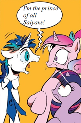 Size: 364x549 | Tagged: safe, princess cadance, shining armor, twilight sparkle, alicorn, pony, unicorn, spoiler:comic, dialogue, dragon ball z, exploitable meme, female, filly, floppy ears, looking at each other, meme, necktie, open mouth, orange background, raised hoof, screaming armor, shrunken pupils, simple background, vegeta, younger