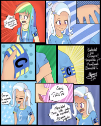 Size: 1165x1450 | Tagged: safe, artist:rmariansj, derpibooru import, rainbow dash, trixie, equestria girls, comic, dialogue, humanized, spanish, translated in the comments, wondercolts