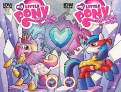 Size: 2108x1600 | Tagged: safe, artist:agnesgarbowska, idw, princess cadance, shining armor, alicorn, pony, unicorn, spoiler:comic, crystal empire, crystal heart, larry's comics, superhero