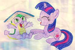 Size: 779x518 | Tagged: safe, artist:nightgepard, derpibooru import, spike, twilight sparkle, dragon, pony, unicorn, female, mare