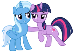 Size: 2907x1996 | Tagged: safe, artist:sofunnyguy, derpibooru import, trixie, twilight sparkle, bedroom eyes, female, lesbian, shipping, simple background, transparent background, twixie, vector