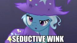 Size: 1920x1080 | Tagged: safe, derpibooru import, edit, edited screencap, screencap, trixie, pony, unicorn, no second prances, female, mare, one eye closed, seductive wink, solo, totally legit recap, wink