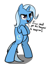 Size: 899x1225 | Tagged: safe, artist:neuro, derpibooru import, trixie, pony, bipedal, dialogue, implied anon, raised hoof, simple background, solo, transparent background