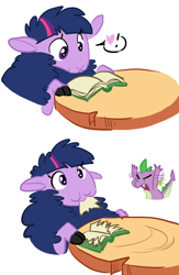 Size: 562x860 | Tagged: safe, artist:elslowmo, derpibooru import, spike, twilight sparkle, lamb, sheep, :3, angry, book, cute, eyes on the prize, frown, glare, heart, nom, open mouth, puffy cheeks, smiling, species swap, twilight sheeple