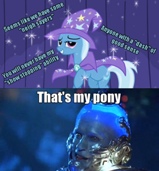 Size: 500x536 | Tagged: safe, derpibooru import, edit, edited screencap, screencap, trixie, boast busters, arnold schwarzenegger, batman, batman and robin, mr. freeze, photo, pun, puns in the comments