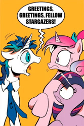 Size: 365x549 | Tagged: safe, idw, princess cadance, shining armor, twilight sparkle, alicorn, pony, unicorn, spoiler:comic, exploitable meme, jack horkheimer, meme, screaming armor, younger