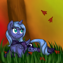 Size: 512x512 | Tagged: safe, artist:epiclunadragon, princess luna, alicorn, pony, autumn, clothes, grass, leaves, prone, s1 luna, scarf, smiling, socks, solo