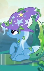 Size: 376x603 | Tagged: safe, derpibooru import, screencap, trixie, pony, unicorn, to where and back again, changeling slime, clothes, cropped, cute, diatrixes, female, hat, mare, sitting, smiling, solo, trixie's hat