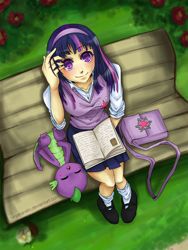 Size: 768x1024 | Tagged: safe, artist:ninjakarelin, derpibooru import, spike, twilight sparkle, blushing, clothes, humanized, skirt