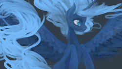 Size: 1024x581 | Tagged: safe, artist:chersema, princess luna, alicorn, pony, commission, lunadoodle, missing accessory, queen luna, s1 luna, smiling, solo, spread wings