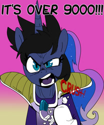 Size: 1008x1205 | Tagged: safe, artist:jokerpony, princess luna, alicorn, pony, ask teen chrysalis, dexterous hooves, dragon ball z, followers, it's over 9000, meme, over 9000, solo, vegeta