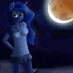 Size: 2399x2388 | Tagged: safe, artist:plazyma, princess luna, anthro, clothes, moon, necklace, shirt, skirt, smiling, solo