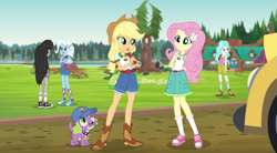 Size: 763x420 | Tagged: safe, derpibooru import, screencap, applejack, fluttershy, octavia melody, paisley, spike, spike the regular dog, trixie, dog, equestria girls, legend of everfree, boots, camp everfree outfits, clothes, cowboy boots, shoes, shorts, socks