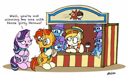 Size: 2953x1748 | Tagged: safe, artist:bobthedalek, derpibooru import, peachy pitt, starlight glimmer, sunburst, trixie, pony, unicorn, coconut, coconut shy, crossed hooves, dialogue, female, food, looking at each other, mare, open mouth, plushie, simple background, sitting, stall, unamused, white background
