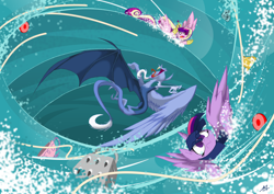 Size: 1752x1239 | Tagged: safe, artist:quynzel, discord, princess cadance, twilight sparkle, twilight sparkle (alicorn), alicorn, pony, three's a crowd, blue flu, cheese grater, female, large wings, mare, scene interpretation, singing, trollface, water